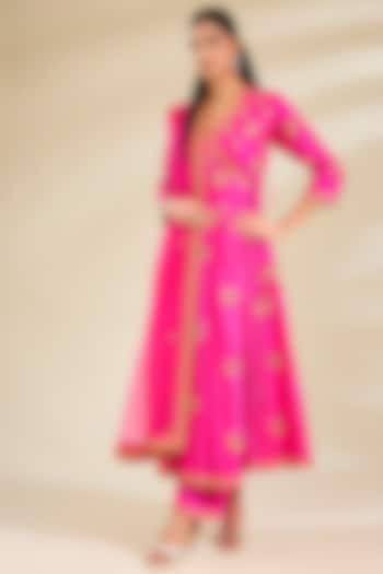 Rani Pink Spun Silk Resham Work Angrakha Kurta Set by SURBHI SHAH at Pernia's Pop Up Shop