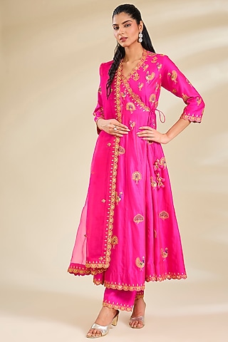 Rani Pink Spun Silk Resham Work Angrakha Kurta Set by SURBHI SHAH