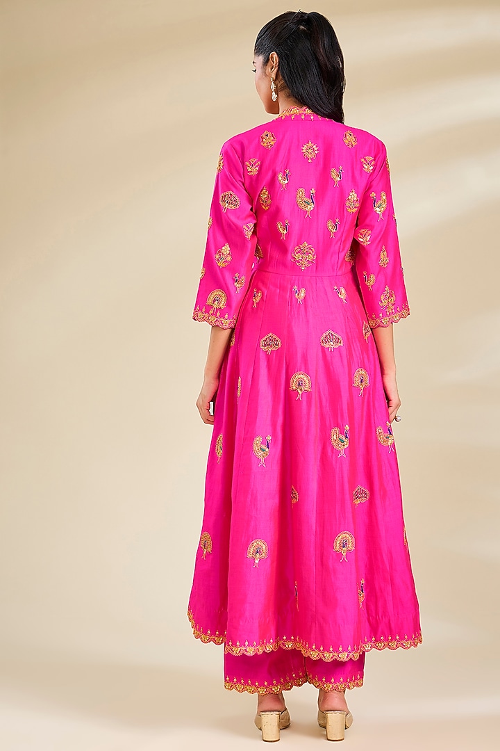 Rani Pink Spun Silk Resham Work Angrakha Kurta Set by SURBHI SHAH at Pernia's Pop Up Shop