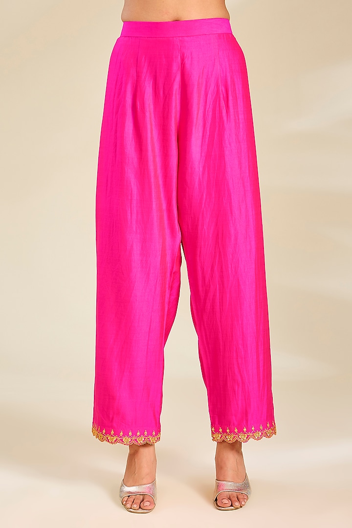 Rani Pink Spun Silk Resham Work Angrakha Kurta Set by SURBHI SHAH at Pernia's Pop Up Shop