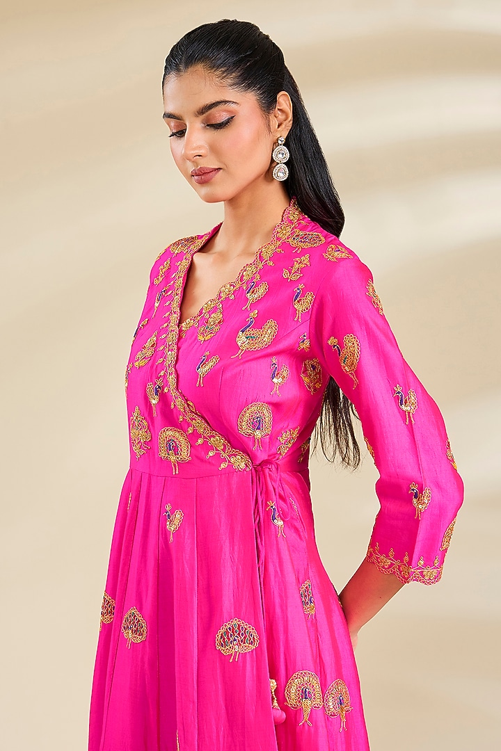 Rani Pink Spun Silk Resham Work Angrakha Kurta Set by SURBHI SHAH at Pernia's Pop Up Shop