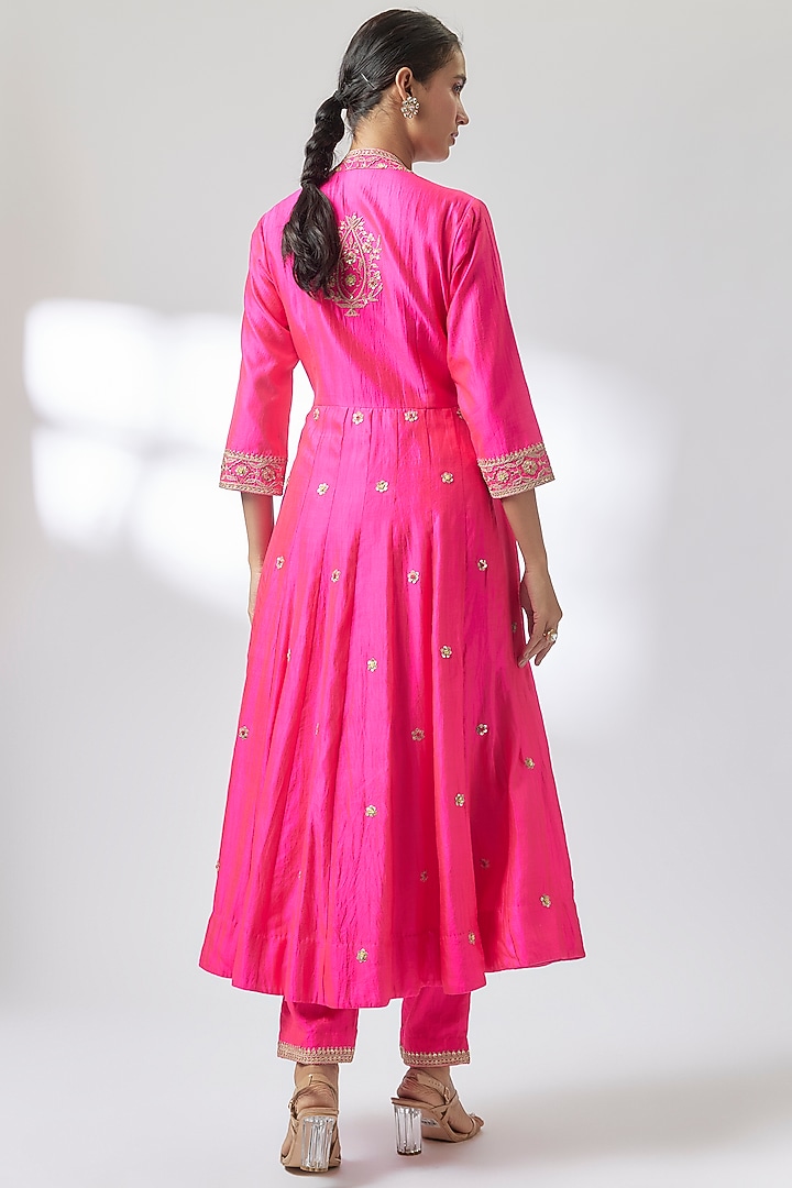 Hot Pink Spun Marori Work Angrakha Wedding Anarkali Set by Surbhi Shah at Pernia's Pop Up Shop