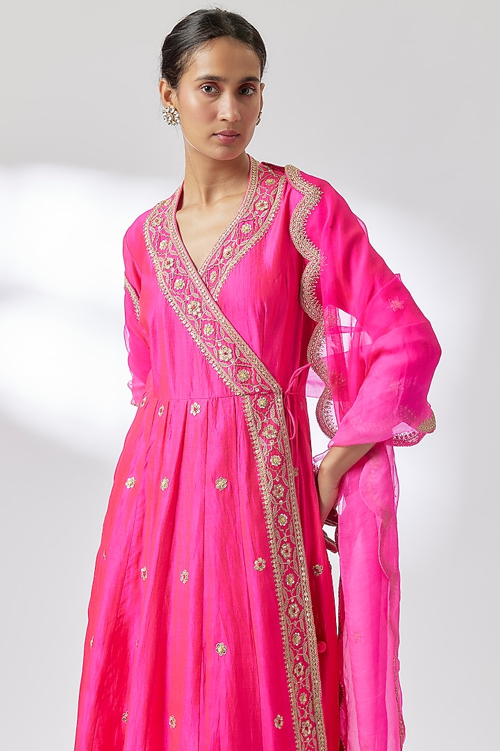 Hot Pink Spun Marori Work Angrakha Wedding Anarkali Set by Surbhi Shah at Pernia's Pop Up Shop