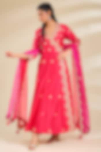 Strawberry Red Spun Silk Marori Work Angrakha Kurta Set by SURBHI SHAH at Pernia's Pop Up Shop