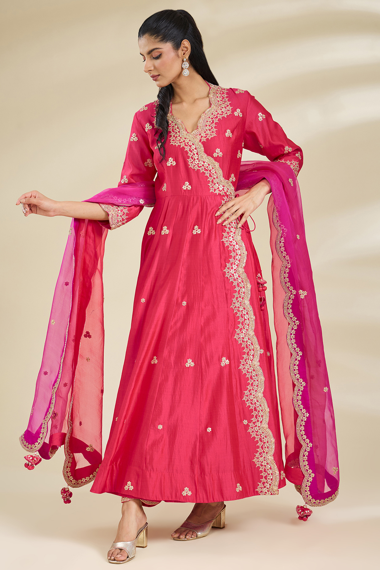 Strawberry Red Spun Silk Marori Work Angrakha Kurta Set by SURBHI SHAH at Pernia's Pop Up Shop