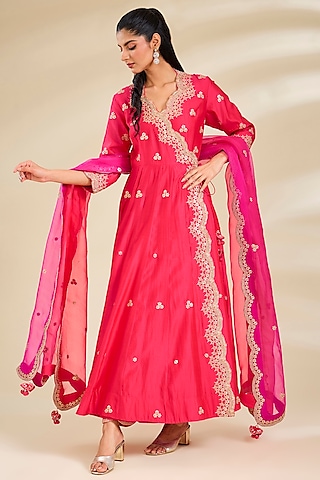 Strawberry Red Spun Silk Marori Work Angrakha Kurta Set by SURBHI SHAH