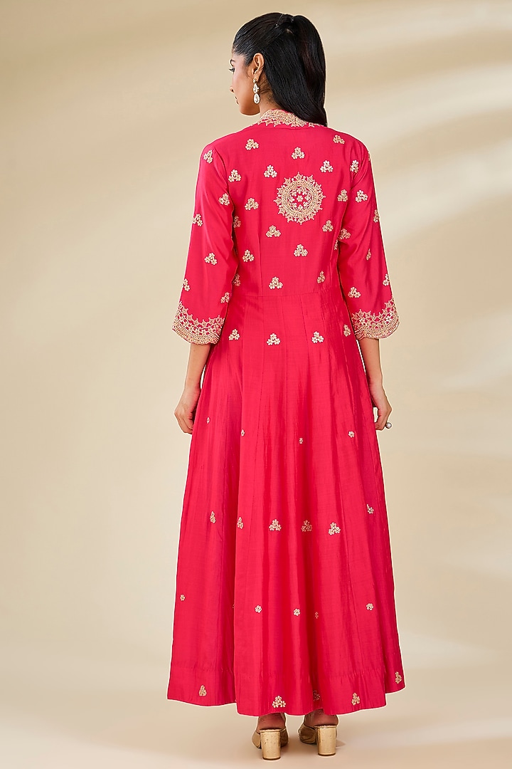 Strawberry Red Spun Silk Marori Work Angrakha Kurta Set by SURBHI SHAH at Pernia's Pop Up Shop