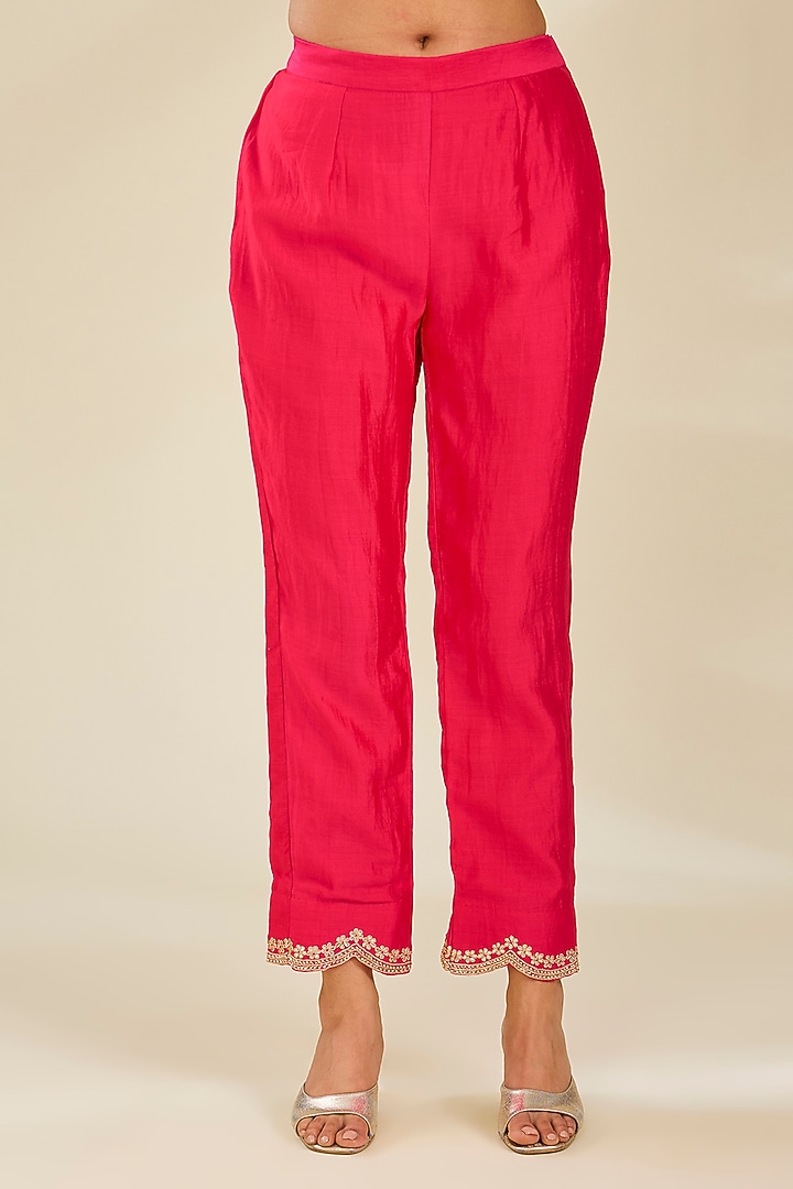 Strawberry Red Spun Silk Marori Work Angrakha Kurta Set by SURBHI SHAH at Pernia's Pop Up Shop