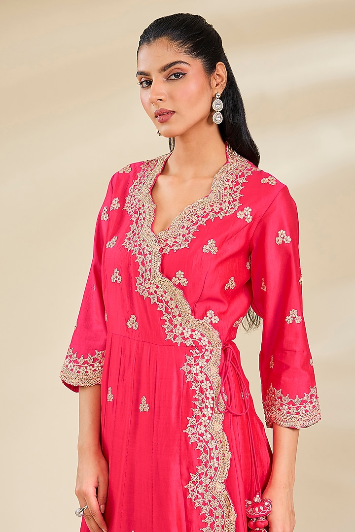Strawberry Red Spun Silk Marori Work Angrakha Kurta Set by SURBHI SHAH at Pernia's Pop Up Shop