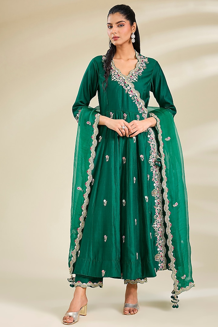 Emerald Green Spun Silk Pearl Work Angrakha Kurta Set by SURBHI SHAH at Pernia's Pop Up Shop