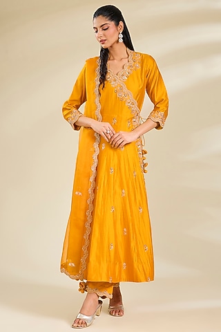 Mango Yellow Spun Silk Pearl Work Angrakha Kurta Set by SURBHI SHAH