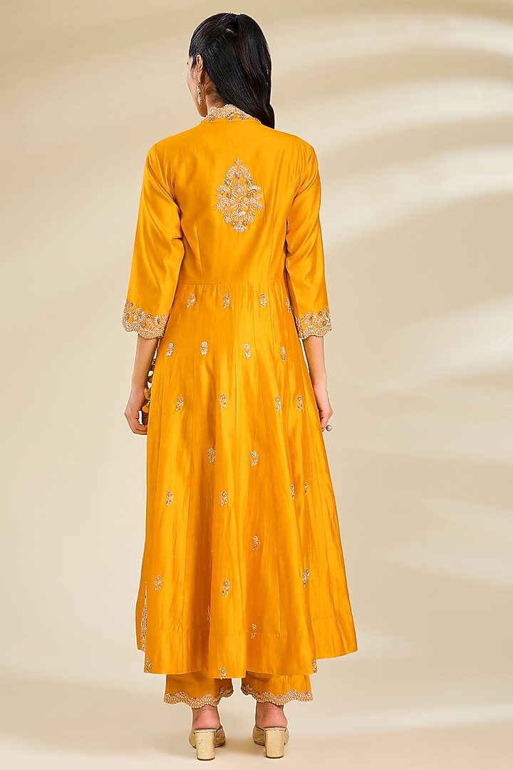 Mango Yellow Spun Silk Pearl Work Angrakha Kurta Set by SURBHI SHAH at Pernia's Pop Up Shop