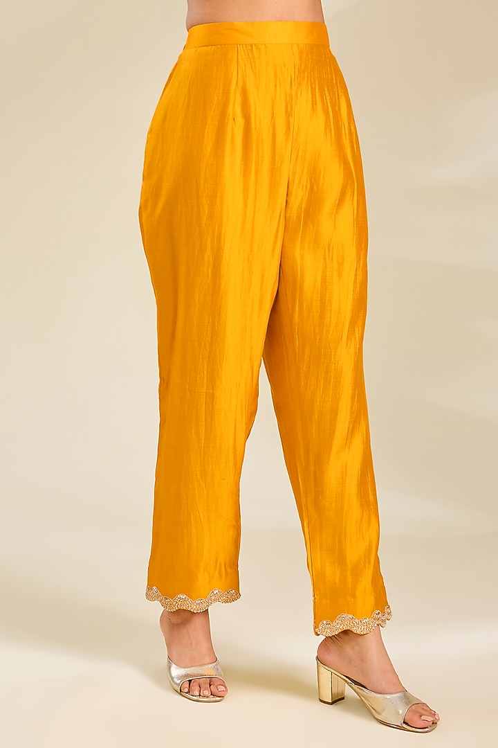 Mango Yellow Spun Silk Pearl Work Angrakha Kurta Set by SURBHI SHAH at Pernia's Pop Up Shop