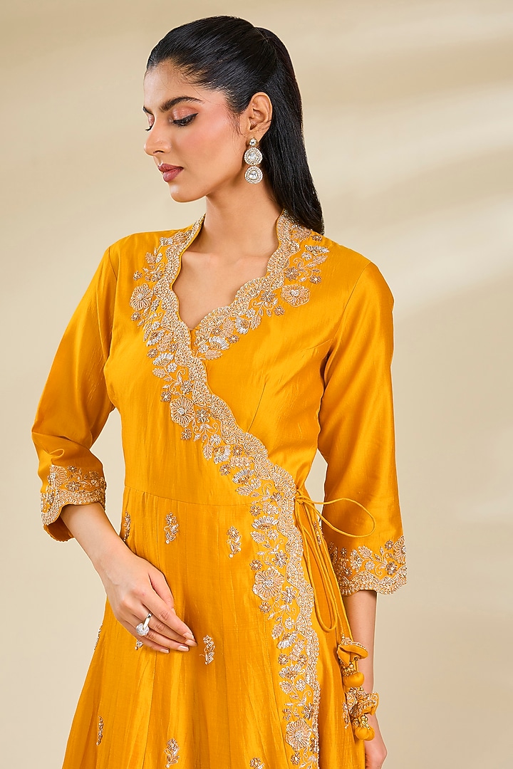 Mango Yellow Spun Silk Pearl Work Angrakha Kurta Set by SURBHI SHAH at Pernia's Pop Up Shop