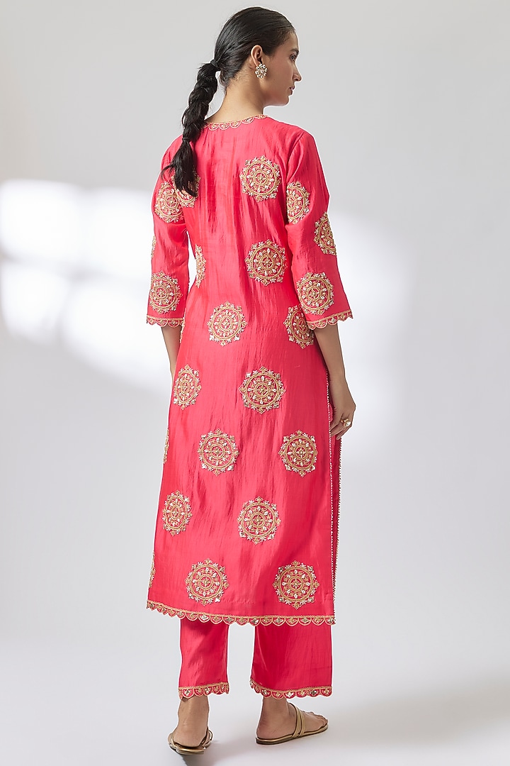 Strawberry Red Spun Marodi Pearl Work Kurta Set by Surbhi Shah at Pernia's Pop Up Shop
