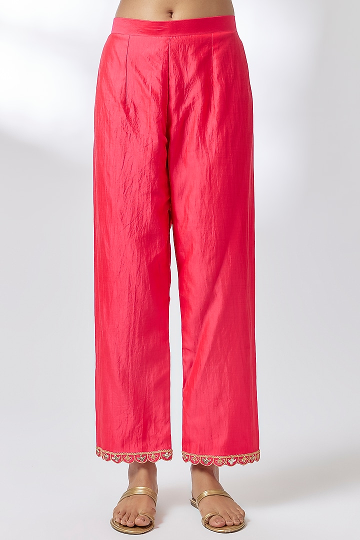 Strawberry Red Spun Marodi Pearl Work Kurta Set by Surbhi Shah at Pernia's Pop Up Shop