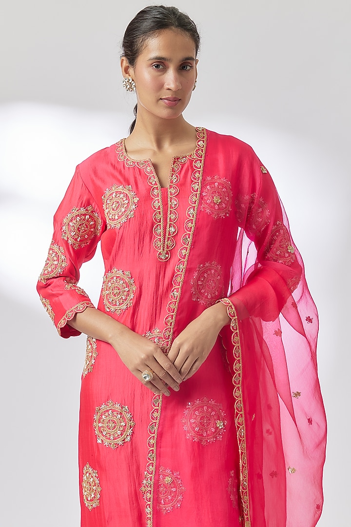 Strawberry Red Spun Marodi Pearl Work Kurta Set by Surbhi Shah at Pernia's Pop Up Shop