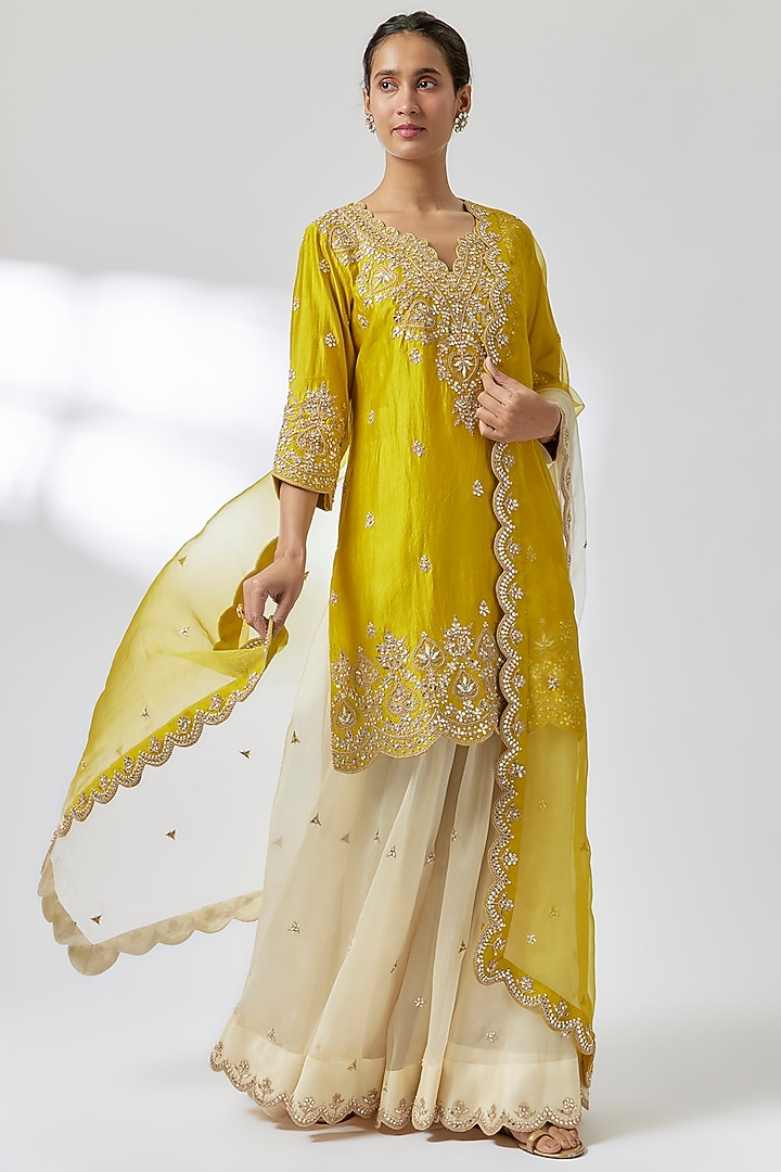 Lime Yellow Spun Zardosi Embroidered Kurta Set by Surbhi Shah at Pernia's Pop Up Shop