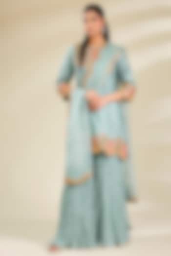 Sea Blue Chanderi Embroidered Sharara Set by SURBHI SHAH at Pernia's Pop Up Shop