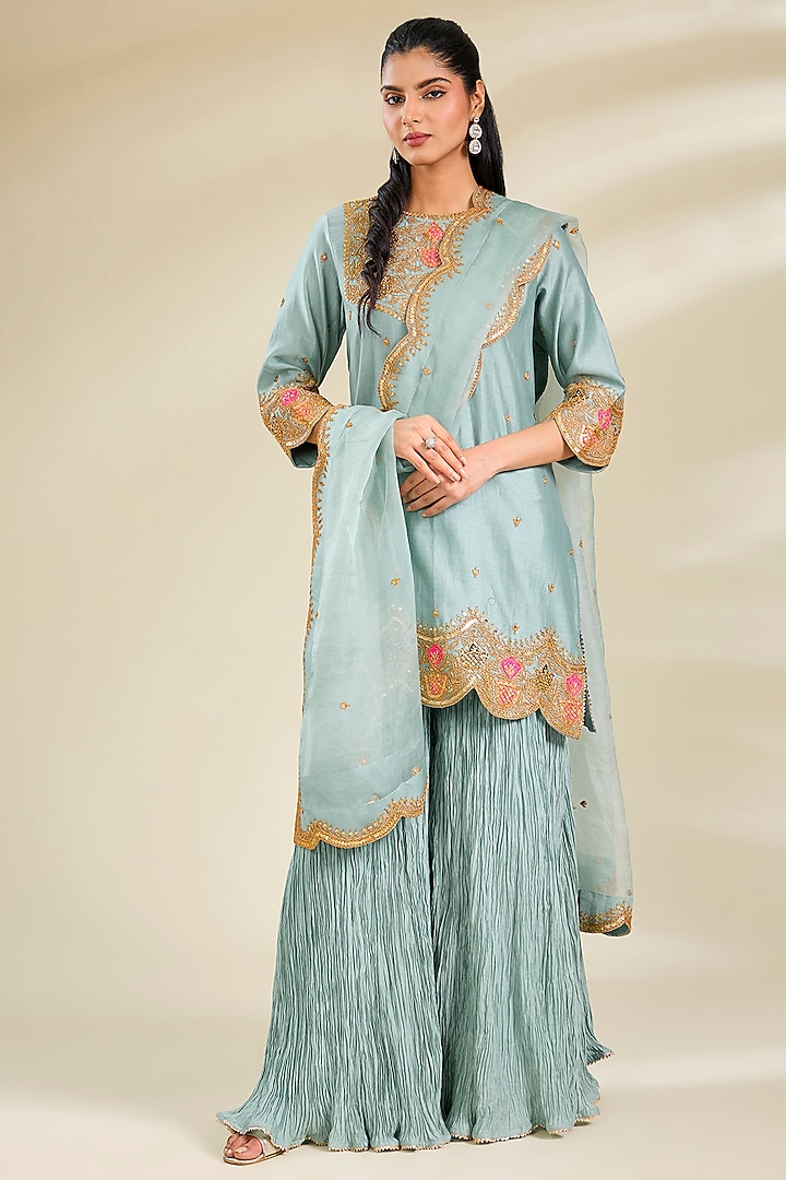 Sea Blue Chanderi Embroidered Sharara Set by SURBHI SHAH at Pernia's Pop Up Shop