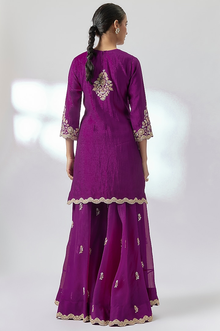 Deep Grape Spun Marori Embroidered Wedding Sharara Set by Surbhi Shah at Pernia's Pop Up Shop