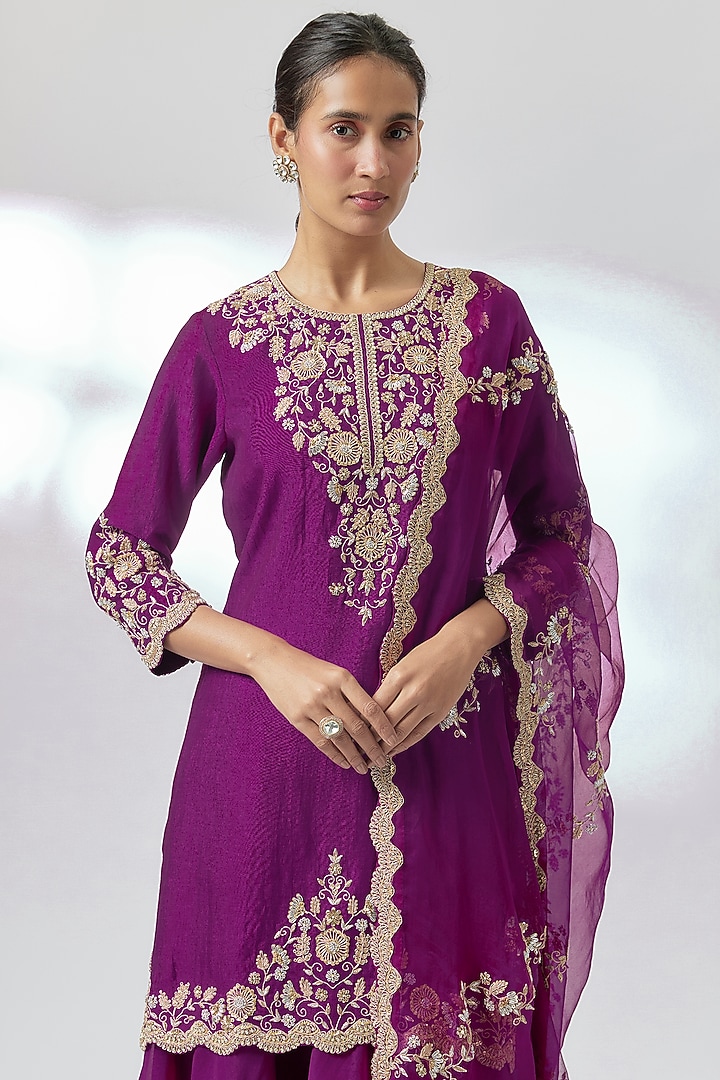 Deep Grape Spun Marori Embroidered Wedding Sharara Set by Surbhi Shah at Pernia's Pop Up Shop