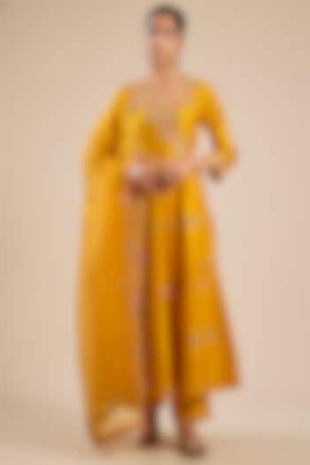 Mango Yellow Spun Silk Patchwork Angrakha Set by SURBHI SHAH at Pernia's Pop Up Shop
