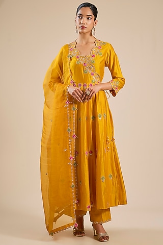 Mango Yellow Spun Silk Patchwork Angrakha Set by SURBHI SHAH