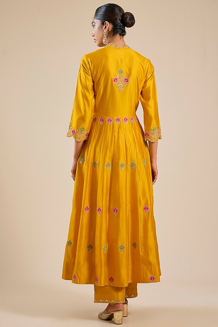 Mango Yellow Spun Silk Patchwork Angrakha Set by SURBHI SHAH at Pernia's Pop Up Shop