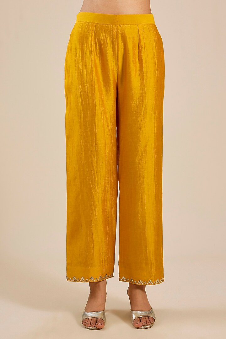 Mango Yellow Spun Silk Patchwork Angrakha Set by SURBHI SHAH at Pernia's Pop Up Shop