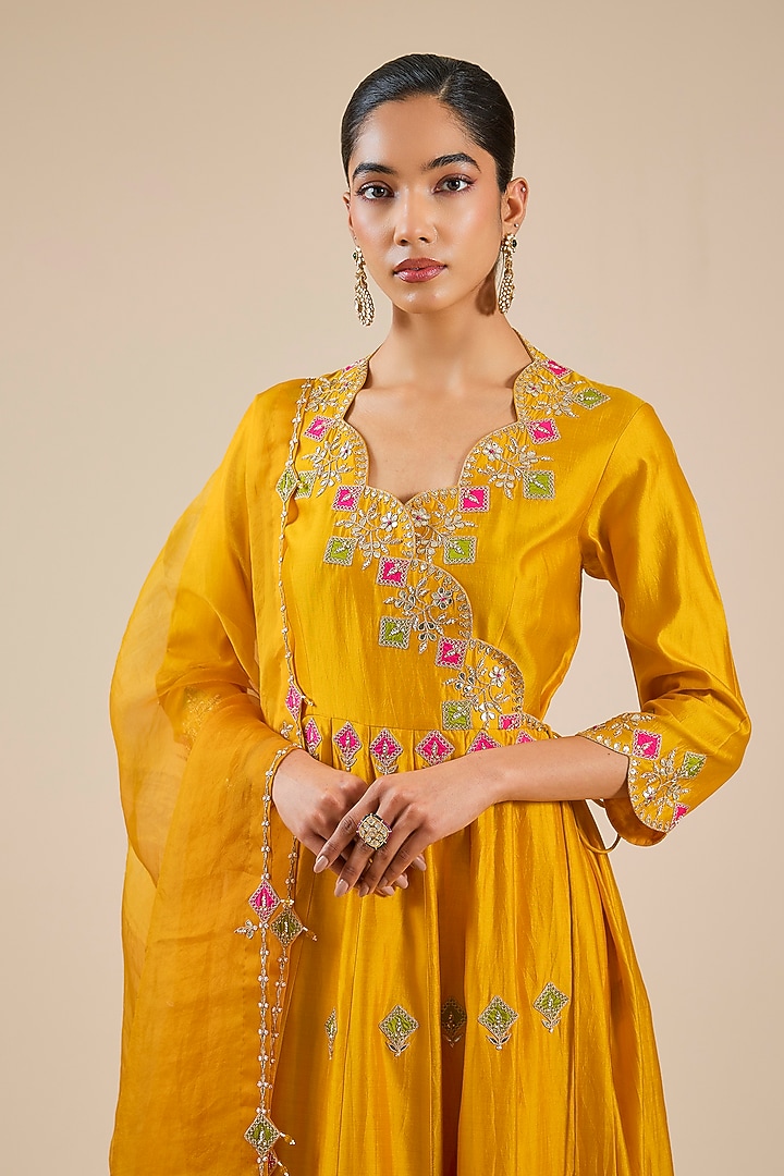 Mango Yellow Spun Silk Patchwork Angrakha Set by SURBHI SHAH at Pernia's Pop Up Shop