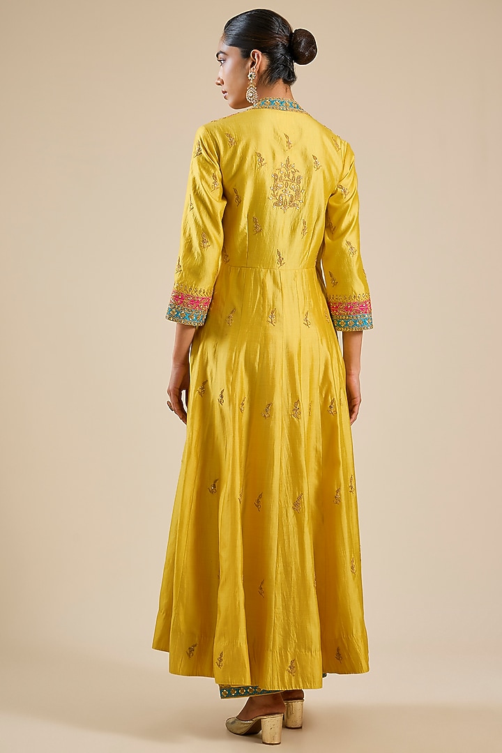 Powder Yellow Spun Silk Patchwork Angrakha Set by SURBHI SHAH at Pernia's Pop Up Shop