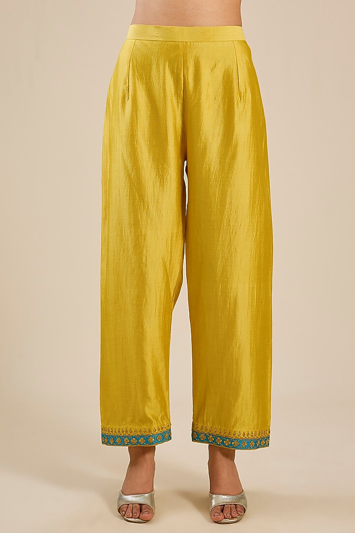 Powder Yellow Spun Silk Patchwork Angrakha Set by SURBHI SHAH at Pernia's Pop Up Shop