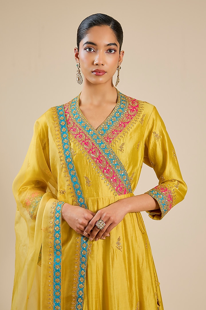 Powder Yellow Spun Silk Patchwork Angrakha Set by SURBHI SHAH at Pernia's Pop Up Shop