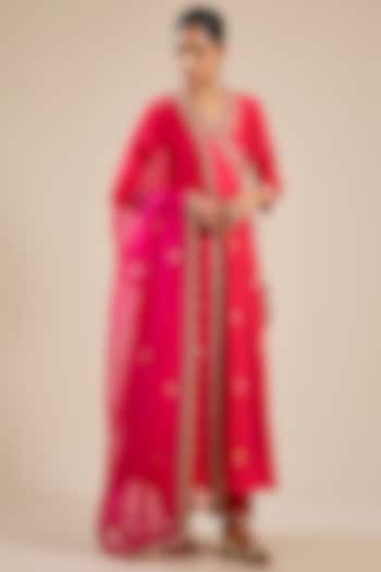 Strawberry Red Spun Silk Resham Work Angrakha Set by SURBHI SHAH at Pernia's Pop Up Shop
