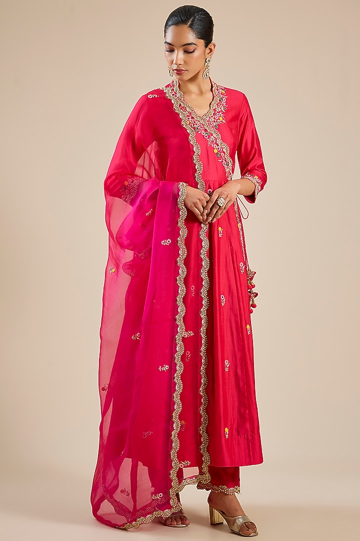 Strawberry Red Spun Silk Resham Work Angrakha Set by SURBHI SHAH at Pernia's Pop Up Shop