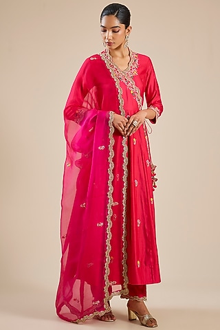 Strawberry Red Spun Silk Resham Work Angrakha Set by SURBHI SHAH