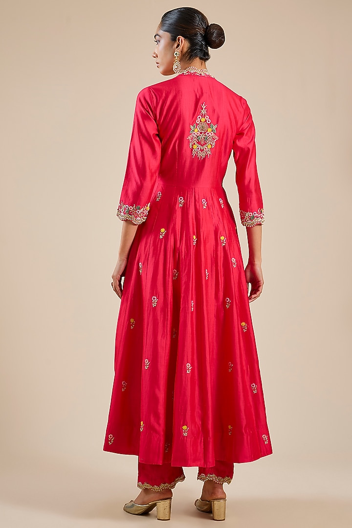Strawberry Red Spun Silk Resham Work Angrakha Set by SURBHI SHAH at Pernia's Pop Up Shop