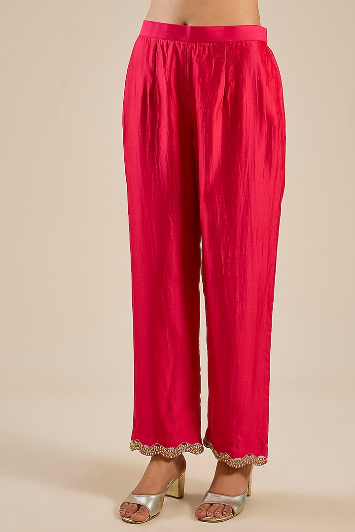 Strawberry Red Spun Silk Resham Work Angrakha Set by SURBHI SHAH at Pernia's Pop Up Shop