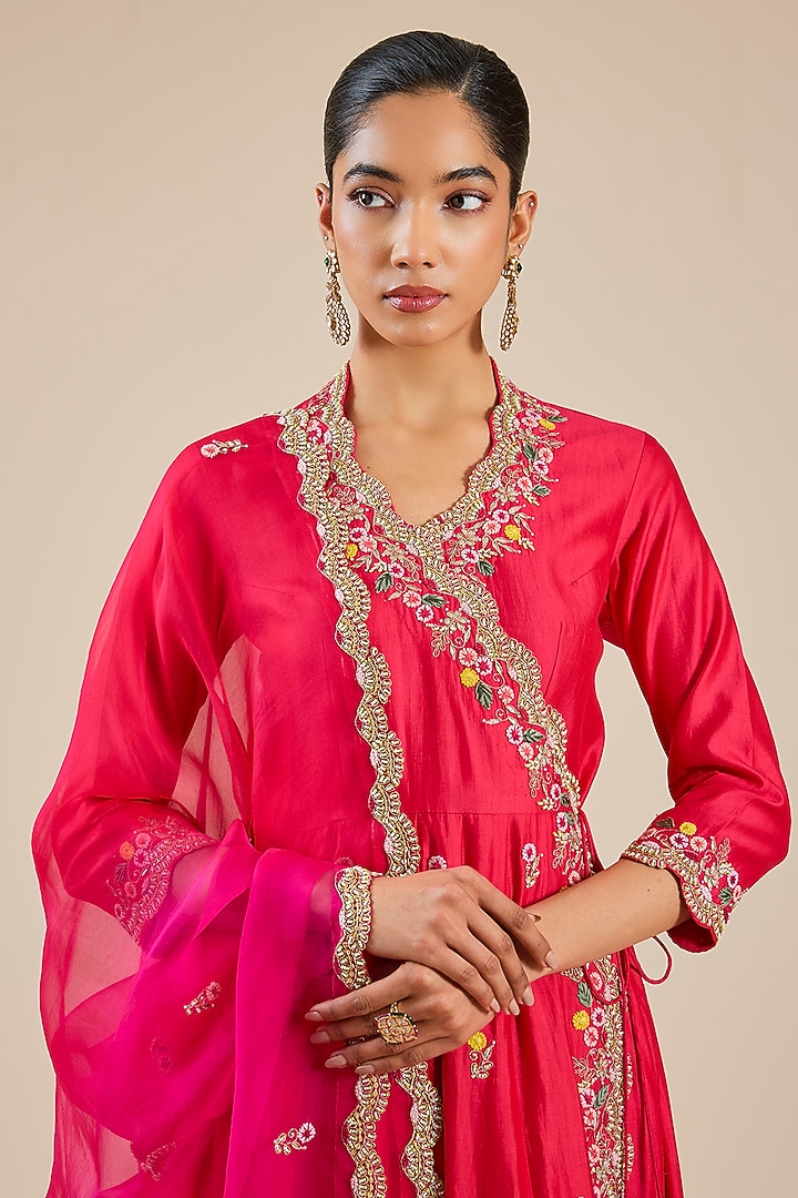 Strawberry Red Spun Silk Resham Work Angrakha Set by SURBHI SHAH at Pernia's Pop Up Shop