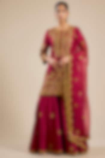 Maroon Spun Silk Marori Work Wedding Sharara Set by SURBHI SHAH at Pernia's Pop Up Shop