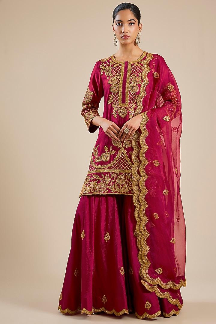 Maroon Spun Silk Marori Work Wedding Sharara Set by SURBHI SHAH at Pernia's Pop Up Shop