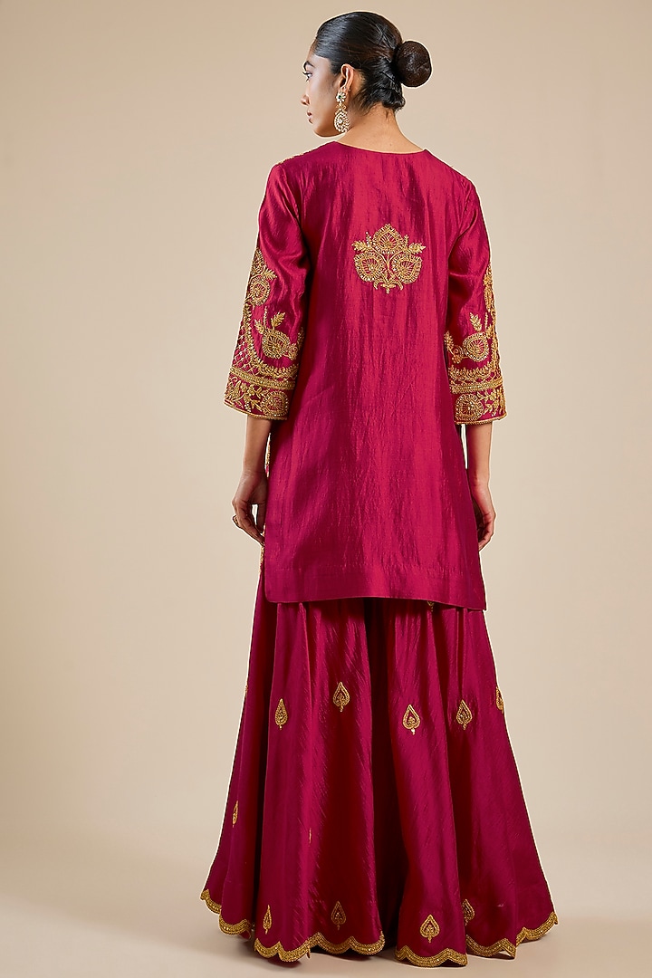 Maroon Spun Silk Marori Work Wedding Sharara Set by SURBHI SHAH at Pernia's Pop Up Shop