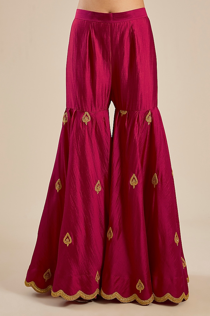 Maroon Spun Silk Marori Work Wedding Sharara Set by SURBHI SHAH at Pernia's Pop Up Shop