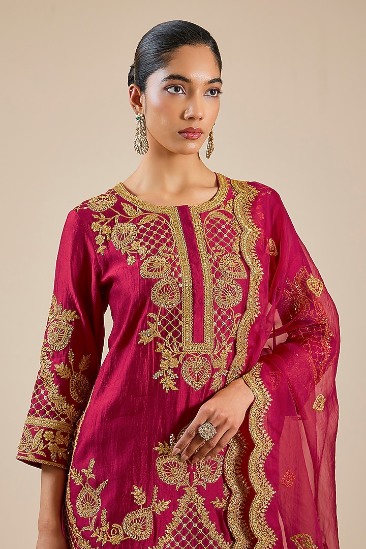 Maroon Spun Silk Marori Work Wedding Sharara Set by SURBHI SHAH at Pernia's Pop Up Shop