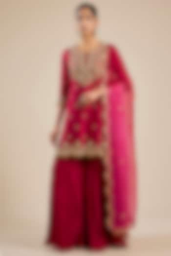 Maroon Chanderi Marori Work Wedding Sharara Set by SURBHI SHAH at Pernia's Pop Up Shop