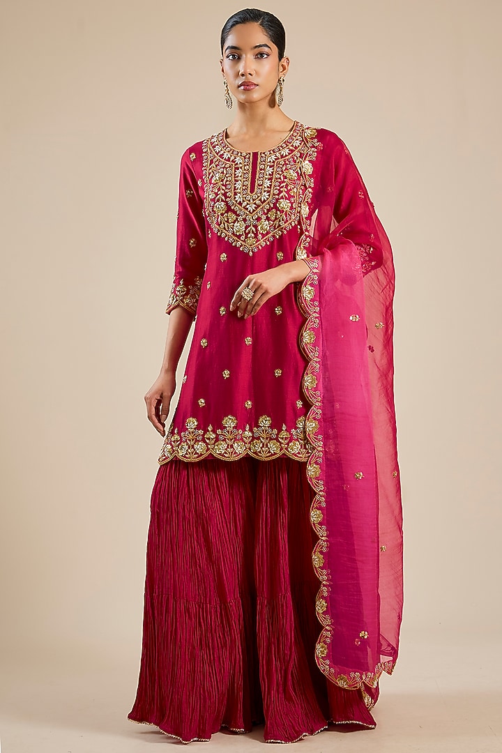 Maroon Chanderi Marori Work Wedding Sharara Set by SURBHI SHAH at Pernia's Pop Up Shop