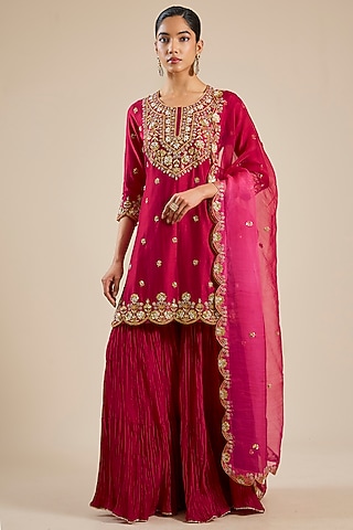 Maroon Chanderi Marori Work Sharara Set by SURBHI SHAH