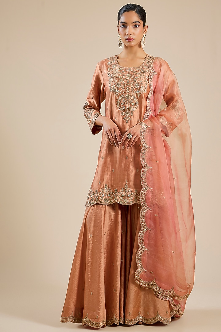 Old Rose Spun Silk Zardosi Work Wedding Sharara Set by SURBHI SHAH at Pernia's Pop Up Shop