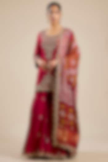 Maroon Spun Silk Zardosi Work Bridal Sharara Set by SURBHI SHAH at Pernia's Pop Up Shop